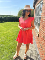 Coral Frill Sleeve Bubble Cotton Dress Alison