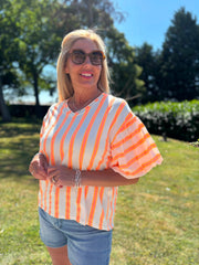 Neon Orange Puff Sleeve Striped Top Erin