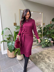 Wine Tie Waist Knit Dress Flora