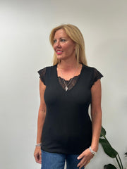 Black Ribbed Lace Detail Top Amelia