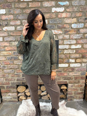 Khaki Textured Floral Mesh Top Imogen