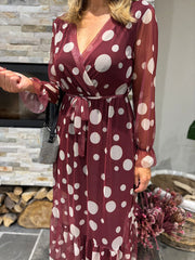 Wine Polka Dot Belted Mesh Dress Alana