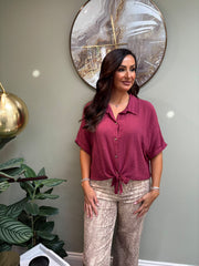 Wine Tie Front Blouse Brielle