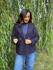 Navy Boucle Buttoned Coat Isla