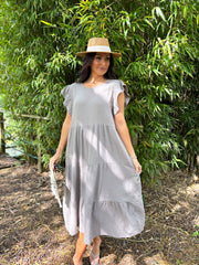 Mocha Frill Sleeve Bubble Cotton Dress Mae