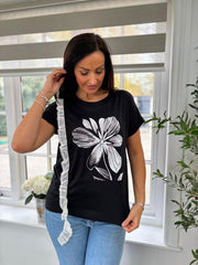 Black Diamante Floral Lace Trim Tee Aria