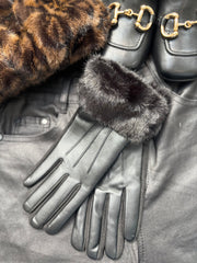 Black Faux Fur Trim Gloves