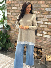 Mocha Lace Hem Longline Knit Kirsty
