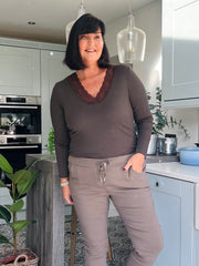 Chocolate Ribbed Long Sleeve Lace V Neck Erin