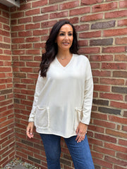 Antique Cream Fringed Pocket Knit Ruth