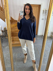Navy Diamante V Neck Knit Tori