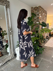Navy Leaf Pattern Shirt Dress Savana