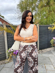 Chocolate Elegant Print Wide Leg Trousers