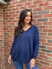 Navy Diamante V Neck Knit Tori