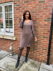 Mocha Ribbed Long Sleeve Dress Rhianna
