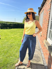 Navy Bubble Cotton Barrel Leg Trousers