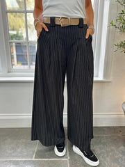 Black Tailored Wide Leg Pinstripe Trousers