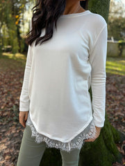 Winter White Ruched Lace Trim Top Janet