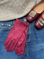 Wine Diamante Velour Gloves