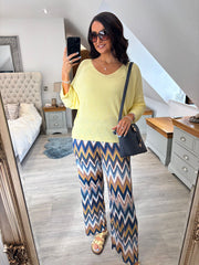 Navy Zig Zag Wide Leg Trousers