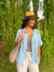 Blue Bubble Cotton Paisley Short Sleeve Shirt Jackie