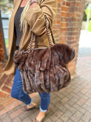 Chocolate Faux Fur Ruched Tote Bag