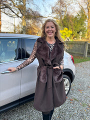 Chocolate Sleeveless Faux Fur Trim Coat Alexis