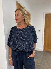 Navy Paisley Bubble Cotton Bubble Hem Top Rita