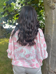 Pink Leaf Print Tie Front Blouse Brielle