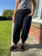 Black Bubble Cotton Barrel Leg Trousers