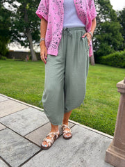 Khaki Ruched Drawstring Wide Leg Trousers