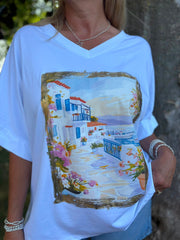 White Mediterranean Coastal Print Tee Carol