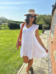 White Frill Sleeve Bubble Cotton Dress Alison