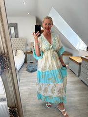 Blue Tiered Golden Leaf Kaftan Dress Molly