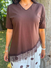 Chocolate Asymmetric Lace Hem Top Wendy