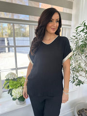 Black Gold Trim Textured Top Joanie