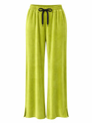 Olive Pull On Wide Leg Velour Trousers