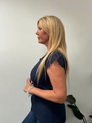 Navy Ribbed Lace Detail Top Amelia