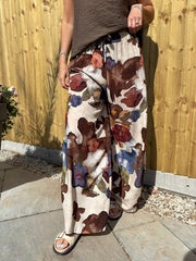 Chocolate Floral Brushwork Print Trousers