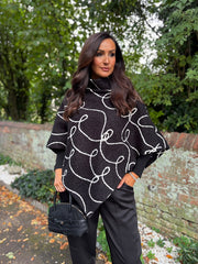 Black Boucle Swirl Pattern Poncho