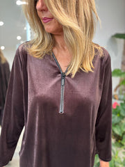 Chocolate Velour Diamante Zip Top Cassie