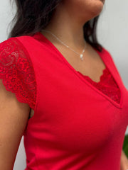 Red Ribbed Lace Detail Top Amelia