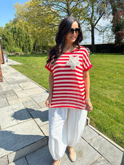 Red Crochet Floral Striped Top Gemma