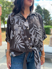 Chocolate Botanical Tie Front Blouse Brielle