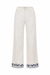 Antique Cream Embroidered Wide Leg Jeans