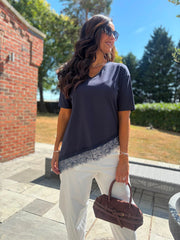 Navy Asymmetric Lace Hem Top Wendy