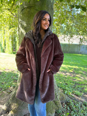 Chocolate Luxury Faux Fur Hooded Coat Aspen