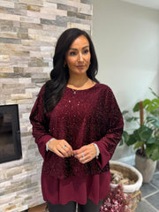 Wine Velour Sequin Panel Top Aurora