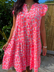 Pink Bubble Cotton Leopard Dress Crystal