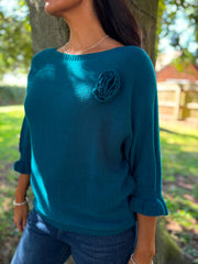 Teal Applique Ruffle Sleeve Knit Crystal